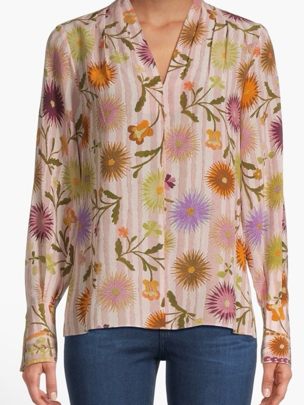 Kobi Halperin - Neiman Marcus Floral V-Neck Long-Sleeve Blouse silk
